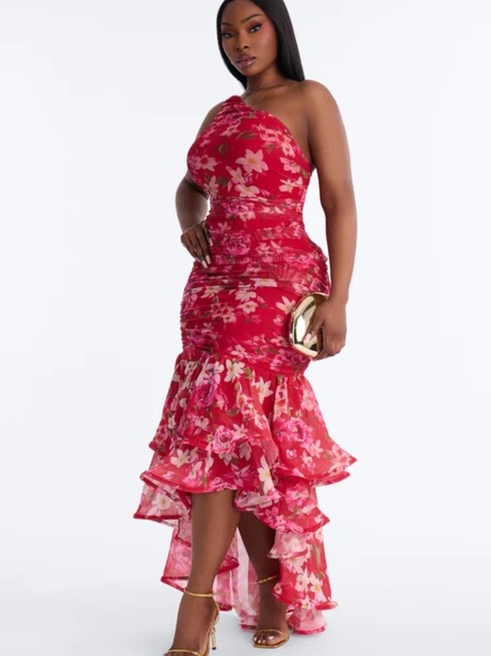 Fashion Nova Red Floral One-Shoulder High-Low Ruffle Dress